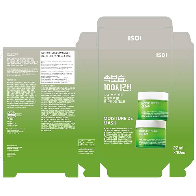 ISOI Moisture Dr. Mask Pack, Hydrating & Soothing Korean Sheet Mask for Face with Tea Tree, Ceramide & Hyaluronic Acid, Nourishing Skin Barrier Care, Korean Skin Care (10EA)