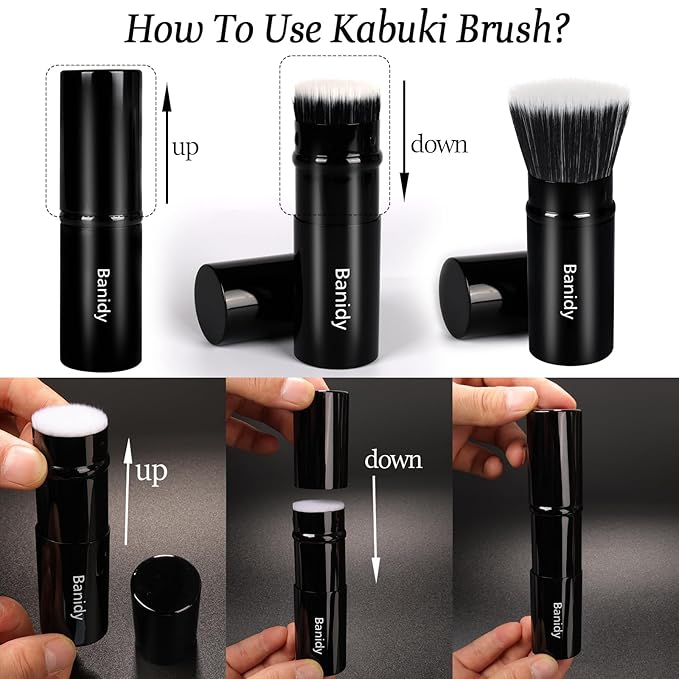 Foundation Makeup Brush Flat Top Kabuki Face Blush Liquid Powder Foundation Brush Retractable Travel Brush for Blending Liquid, Cream or Flawless Powder Cosmetics