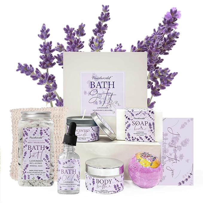 Lavender Spa Gift Set for Women, Luxury 9 Pcs Bath Salts Set, Relaxation Gifts for Women, Self Care Set, Clean Moisturizing Skin, Gifts for Mom, Wife, Sister, Friend
