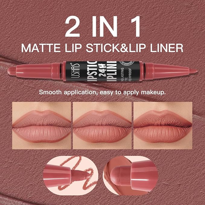 USHAS 3Pcs Lipstick and Lip Liner Combo Set 2 in 1 Makeup Kits Long Lasting and Waterproof Nude Matte Lipstick For Women (Set 1 (10+11+12), 3Pcs)