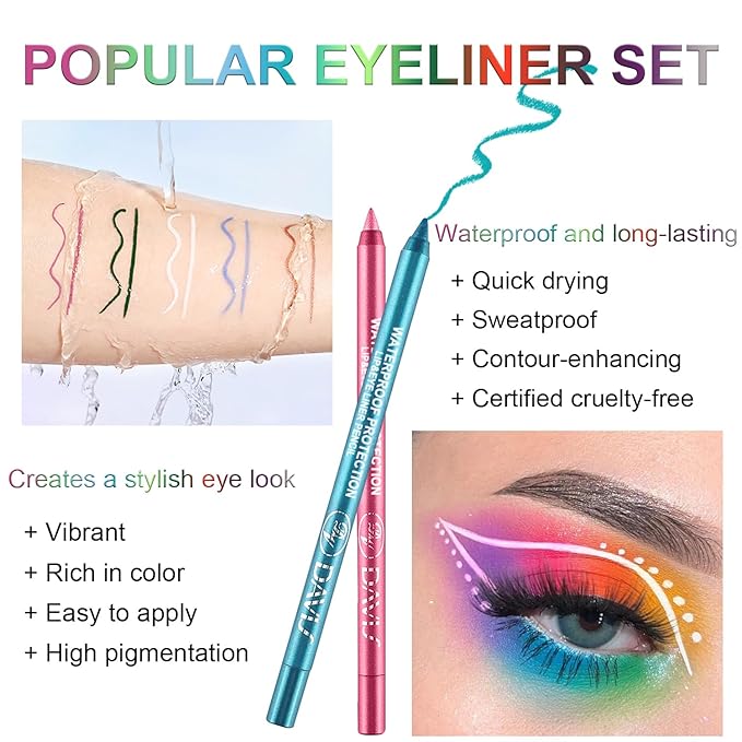 3 Colorful Eyeliner Pen Set, Eye Shadow Pencil, Pearl Eyeliner Kit Metallic Glitter Colored Eye liner for Women Eye&Lip Liner Professional Waterproof Eye Makeup (3PCS B)