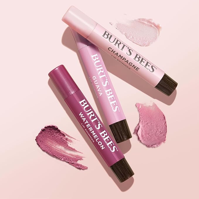 Burt's Bees Christmas Gifts, Lip Shimmer Pink Collection, Tinted Lip Balm Stick, Moisturizing for Hydration with Natural Glowy Pigmented Finish & Buildable Color, Value Pack, 3 Tubes x 0.09 Oz