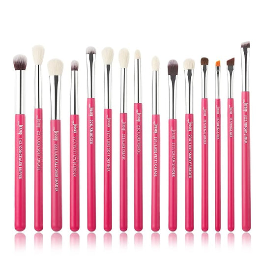 Jessup Professional Natural-Synthetic Eye Makeup Brushes Set 15pcs for Eyeshadow Blending Concealer Eyeliner Eyebrow, Rose Carmine/Silver T197