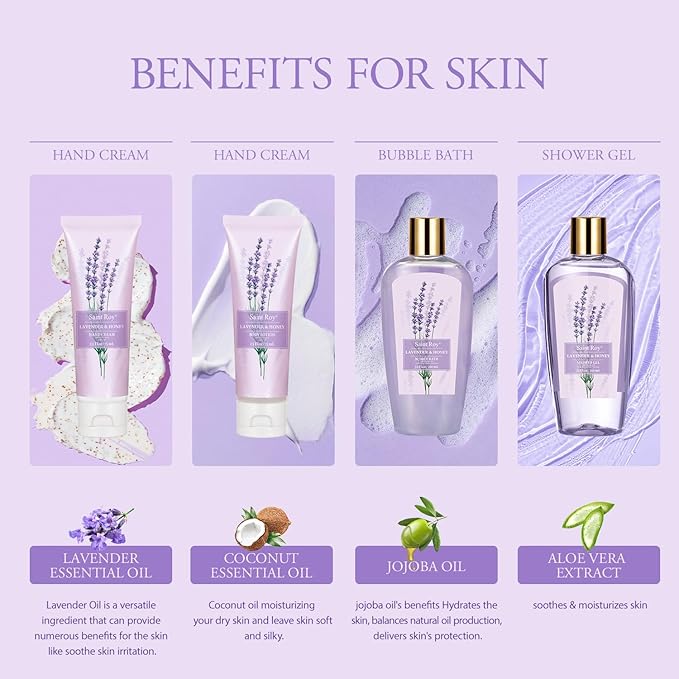 Gifts for Women Gift Basket for Women, 13 Pc LAVENDER & HONEY Large Beauty Personal Care Set, Home Bath Pampering Package for Mother day, Spa Bridal Shower Kit - Thank You, Birthday, Mom, Wedding Gift