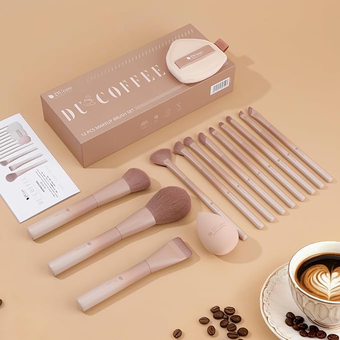 DUcare Makeup Brushes Set 12Pcs Coffee Series Makeup Brush set with Makeup Sponges Gifts Foundation Blending Face Powder Blush Eye Shadows Brushes
