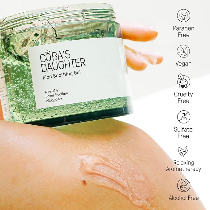 COBA'S DAUGHTER 99% Pure Aloe for Sunburn Relief & After Sun Recovery| Coconut Scented Aloe Vera Gel |Organic Aloe Vera Gel for Face & Body - Hair Hydration & Cooling Lotion (10.6 oz)