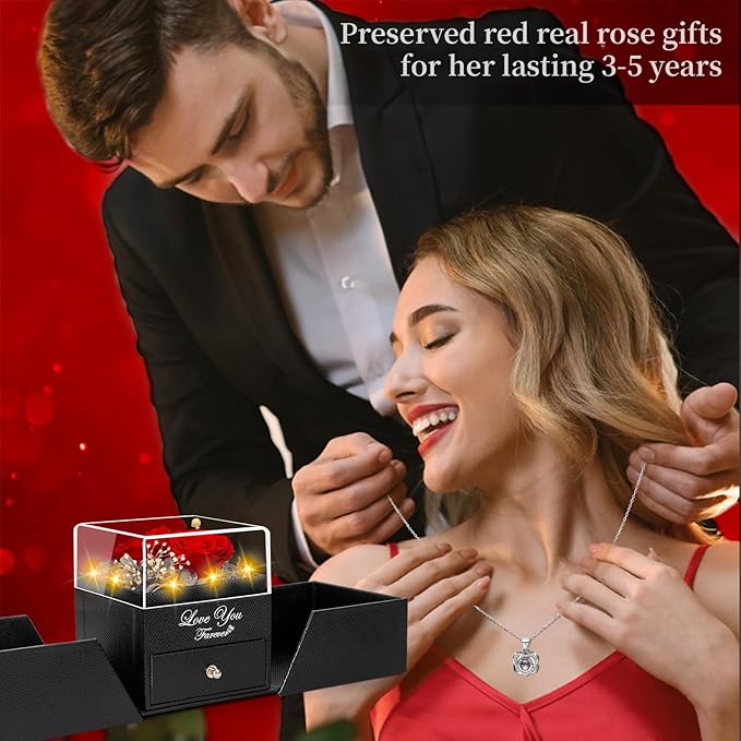 2 Preserved Real Rose with Heart I Love You Necklace- Eternal Rose Birthday Gifts for Women Wife Girlfriend Her Mom Grandma on Festivals Gifts Christmas Valentines Mothers Day Anniversary-Red Rose