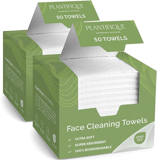 PLANTIFIQUE Disposable Face Towels XL 10"x12" - 100% Biodegradable Viscose Facial Towelettes for Women Skin Care - Toallas para la Cara Desechables, 100 Count