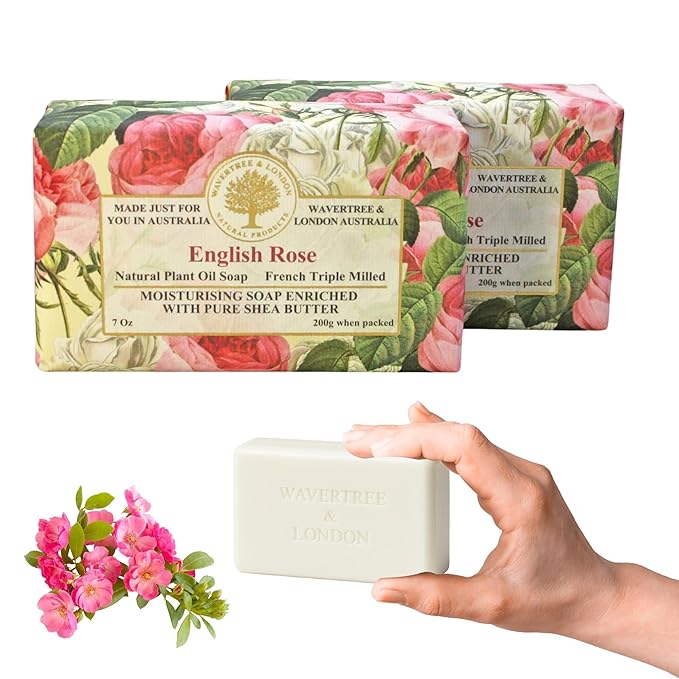 Wavertree & London English Rose Scented Natural Soap Bars for Women & Men (2 x 7oz) โ Moisturizing Triple-Milled Soap Bars Enriched with Shea Butter โ Plant-Based Bath & Body Bar for All Skin Types