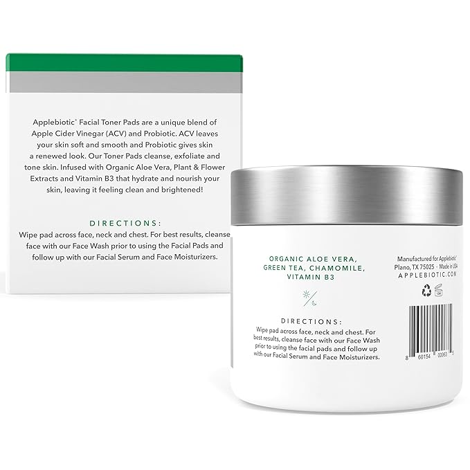 Toner Pads for Face - Exfoliating Face Wipes, for All Skin Types - Apple Cider Vinegar, Green Tea, 60 Pads