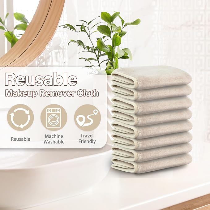 Nugilla Makeup Remover Cloths, 8 Packs Makeup Remover Towels Reusable Face Wash Cloth, Soft Makeup Remover Microfiber Face Cloth for Women(Beige)