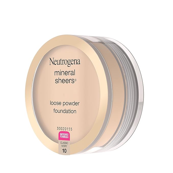 Neutrogena Mineral Sheers Loose Powder Makeup Foundation, Lightweight Face Makeup, Sheer to Medium Buildable Coverage, Sensitive Skin Foundation with Vitamins A, C, & E, Classical Ivory 10, .19 oz