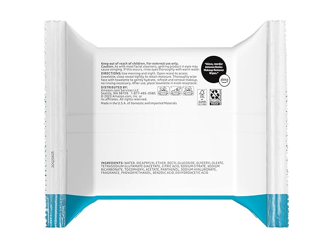 Amazon Basics Makeup Remover Wipes, Gentle Cleansing, Dermatologist Tested, Hydrating, Plant Based, Alcohol Free, Removes Waterproof Mascara, 25 Count Per Pack, Pack of 6 (Previously Solimo)