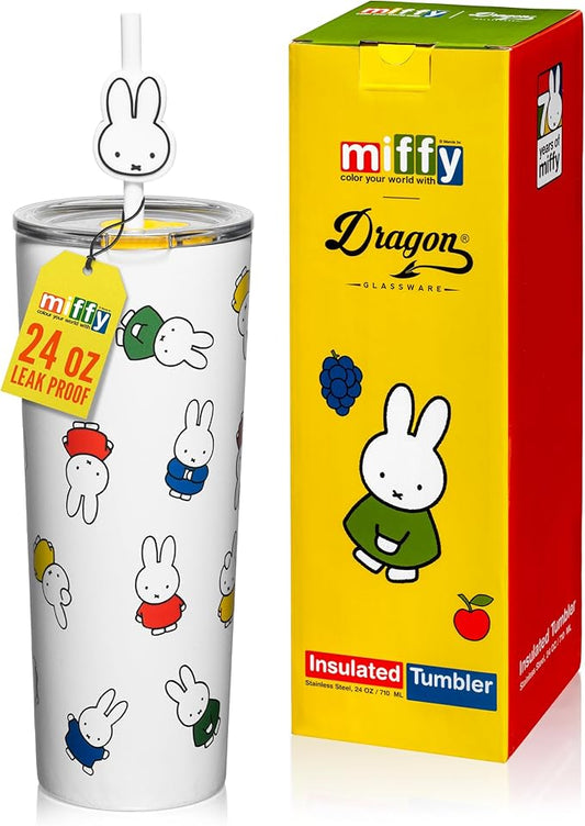 Dragon Glassware | Miffy 24 oz Vacuum Insulated Tumbler with Lid and Straw - Tumbler Cup with 2 Straws - Stainless Steel Tumbler with Straw Topper for Water, Iced Tea - Iconic