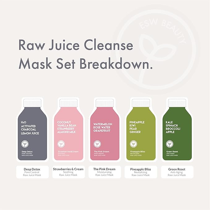 ESW Beauty Raw Juice Face Masks - 10-Pack Skincare Set - Hydrating, Anti-Aging, Moisture Repair, Pore Control, Soothing & Revitalizing with Watermelon, Kale & Charcoal