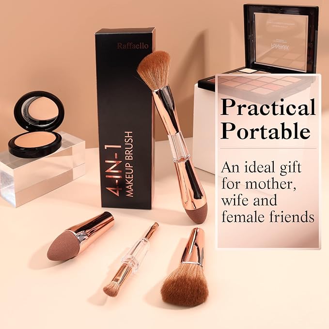 Raffaello 4-in-1 Travel Makeup Brush, Multi-use Makeup Sponge, Eyeshadow, Eyebrow, Liner & Blush Blending Brush for Foundation, Concealer, Powder, Vegan, Dual-Ended Make Up Brush Set (1pcs RoseGold)
