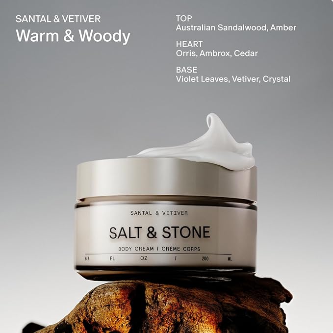 Salt & Stone Body Cream – Santal & Vetiver | Hydrating Formula with Seaweed Extracts, Spirulina & Squalane | Deep Hydration, Skin Barrier Support & Healthy Glow | for all Skin Types (6.7 fl oz)