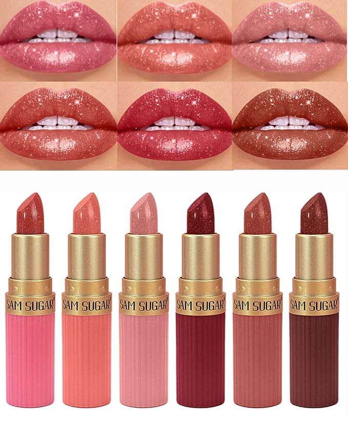 Sparkling Glitter Lipstick Set,6 Pcs Shimmer Nude Pink Brown Dark Rose Red Lip Gloss for Women Long Lasting Waterproof Metallic Diamond Shiny Lipstick Non-Stick Lipgloss Lip Color labiales Makeup Gift