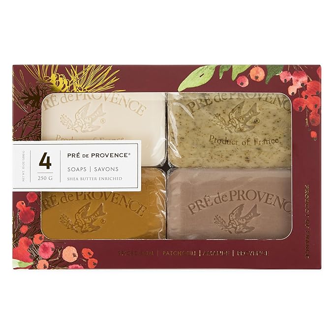 Pre de Provence Heritage Holiday Soap Gift Set/4 - Full Size French Soap Bars - Quad-Milled, Assorted Scents, 4 x 250g