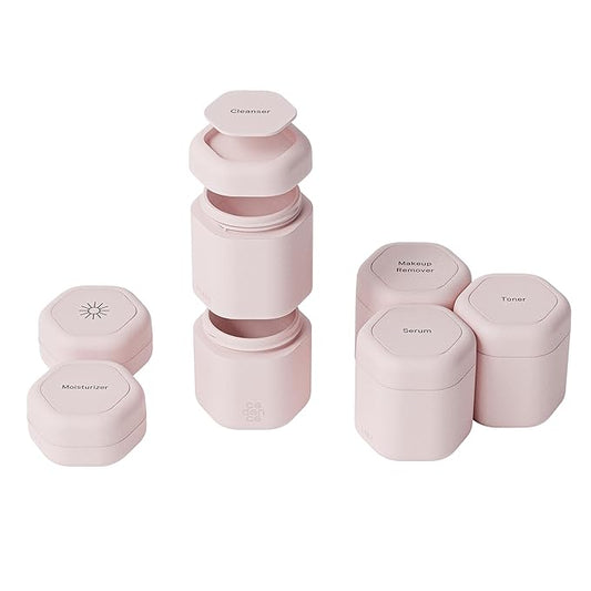 Cadence Travel Containers - Full Skincare Set - Magnetic Containers with Lids,Carry On Travel Essentials For Women/Men - 2 Small (0.56oz), 4 Medium Capsules (1.32oz), & Extender (1.43oz) - Petal