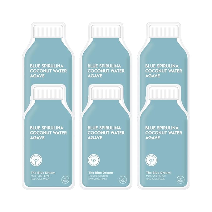 ESW Beauty The Blue Dream - Moisture Repair Raw Juice Face Mask (6-Pack) - Hydrating with Blue Spirulina, Coconut Water & Agave for Dry, Sensitive Skin - Replenishes & Fights Aging