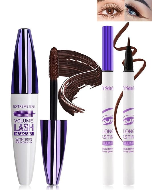 Brown Mascara Liquid Eyeliner Set,5D Waterproof Fiber Colored Mascara Volume and Length,Longlasting Smudgeproof Color Eye Liner Pen,Cosplay Party Stage Use,Mother's Day Makeup Gift for Women Girl-02