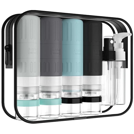 GLAMFIELDS Travel Bottles for Toiletries,TSA Approved 3.3oz Size LeakProof Silicone Toiletry Containers for Shampoo, Conditioner,Easy to Squeeze,Portable Travel Essentials for Lotion(18 Pack) Gray