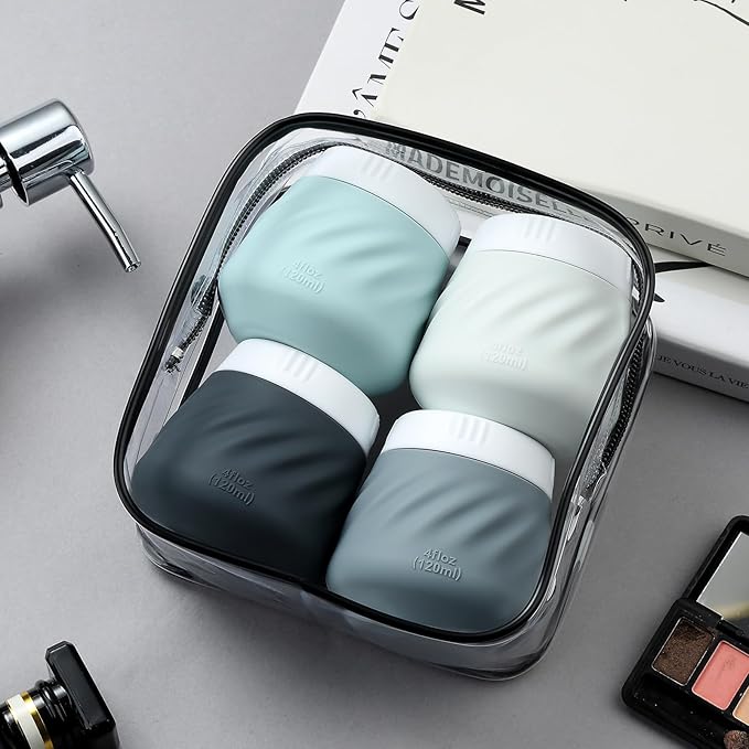 Gemice 4 OZ Travel Size Containers for Toiletries, 4-Pack Leak-Proof Silicone Slime Jars with Lids, BPA Free Small Round Cosmetic Slime Container for Lotion, Cream, Ointments, Travel Essentials