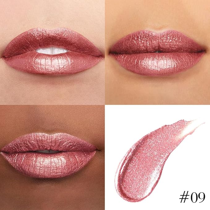 Kaely 2-in-1 Pink Red Metallic Lipstick and Lip Liner, Shimmer Liquid Metallic Lipsticks for Women, Glitter Lip Gloss Stain Long Lasting Waterproof Smudge Proof 24 Hour, Vegan Makeup, 09