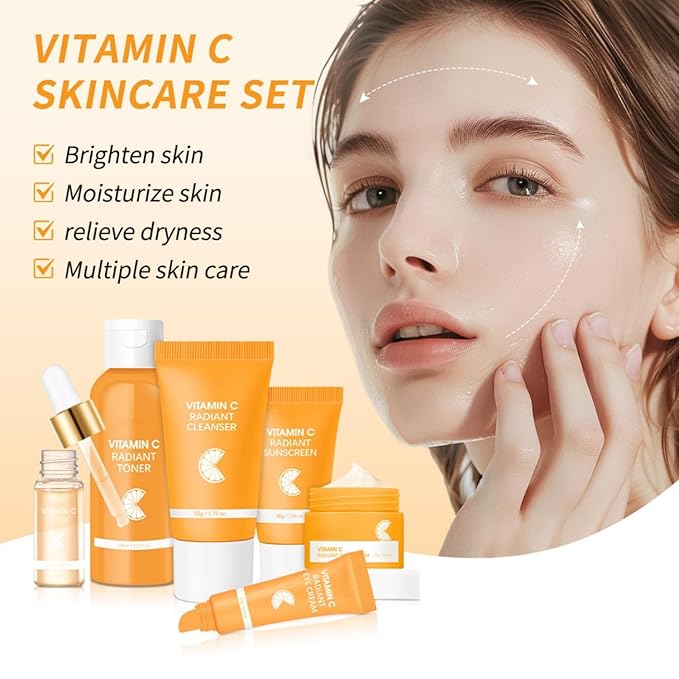 Vitamin C Skincare Set for Face - 6 Piece Kit with Cleanser, Serum, Eye Cream, Moisturizer, Sunscreen & Toner | Brightening, Hydrating & Anti-Aging | Perfect for Teens & Girls | Value Skincare Bundle