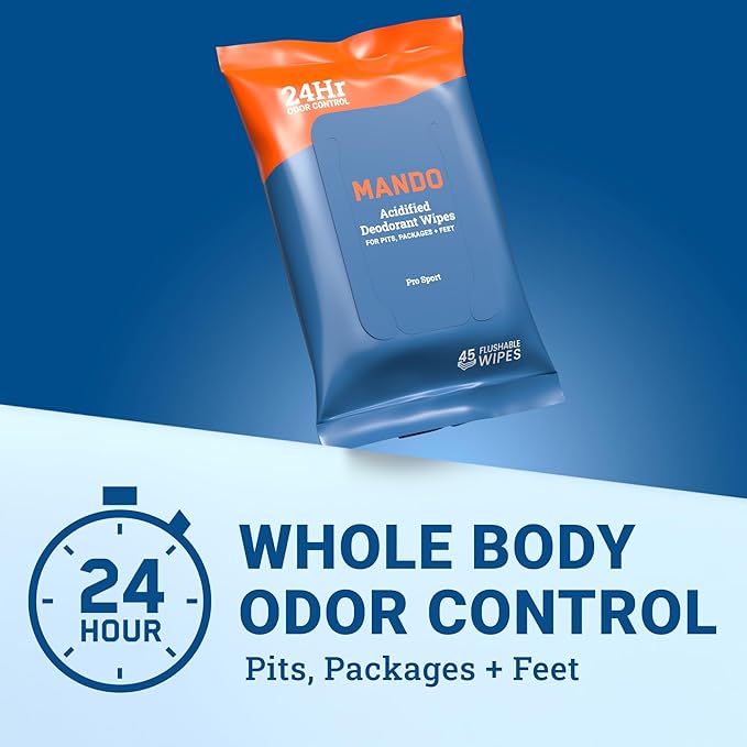 Mando Deodorant Wipes - 24 Hour Odor Control - Aluminum Free, Baking Soda Free, Skin Safe - 45 Count (2 Pack)
