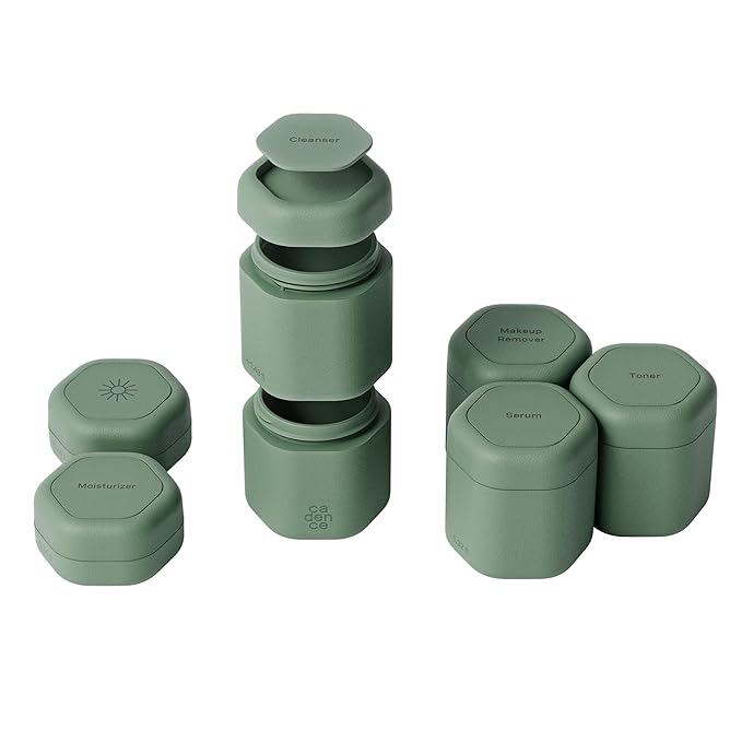 Cadence Travel Containers - Full Skincare Set - Magnetic Containers with Lids,Carry On Travel Essentials For Women/Men - 2 Small (0.56oz), 4 Medium Capsules (1.32oz), & Extender (1.43oz) - Eucalyptus