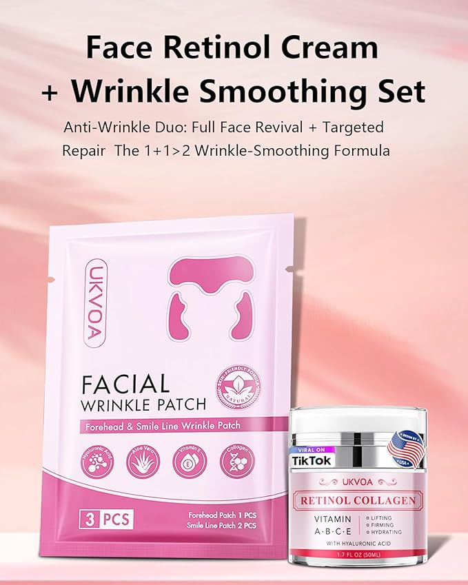 Forehead Wrinkle Patches & Smile Line Patches, Overnight Facial Wrinkle Treatment with Hyaluronic Acid, Aloe, Collagen & Vitamin E to Lift Smile Lines for Women 36pcs with Face Retinol Cream