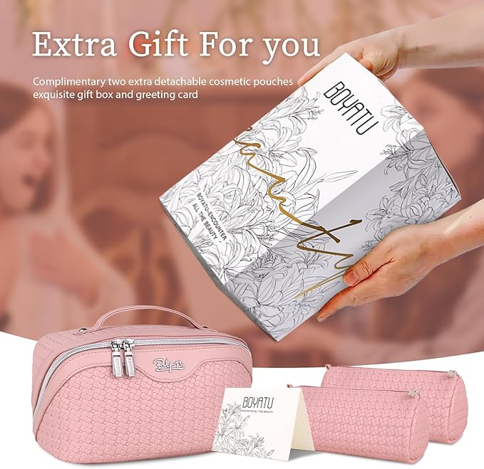 BOYATU Travel Makeup Bags for Women: 3 Set Make up Bags with Compartments - Large Cosmetic Bag - Vegan Leather Makeup Organizer for Traveling (L17 Pink)