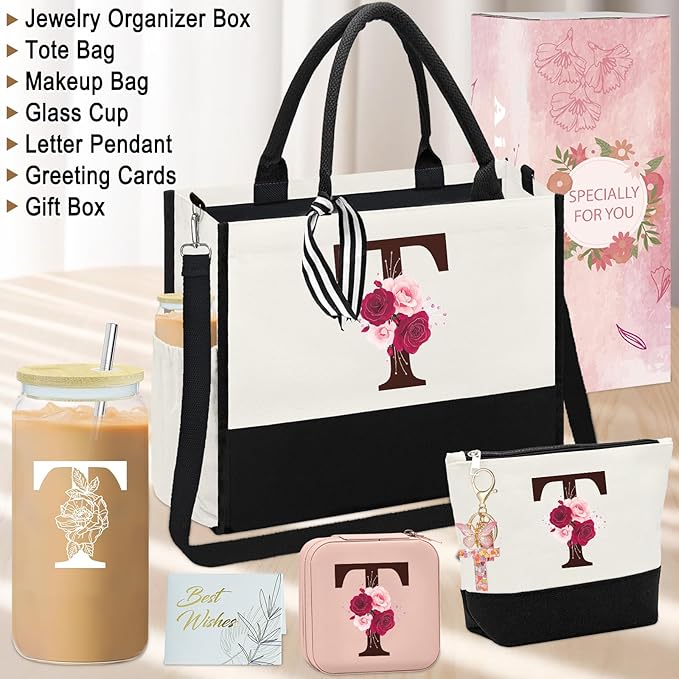 Birthday Gifts for Women,Initial Canvas Tote Bag,Monogrammed Gift for Women,16oz Initial Glass Cup,Makeup Bag with Zipper,Jewelry Organizer Box,Personalized Gifts for Mom-T