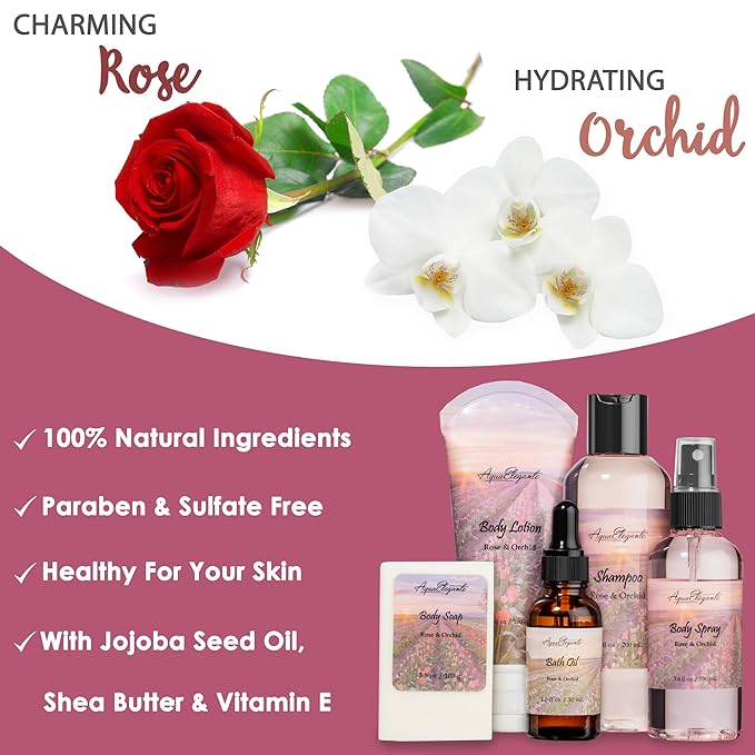 Bath Spa Gift Sets - Luxury Basket With Rose Oil & Orchid - Spa Kit Includes Wash, Bubble Bath, Lotion, Bath Salts, Body Scrub, Body Spray, Shower Puff, Bathbombs, Soap and Towel