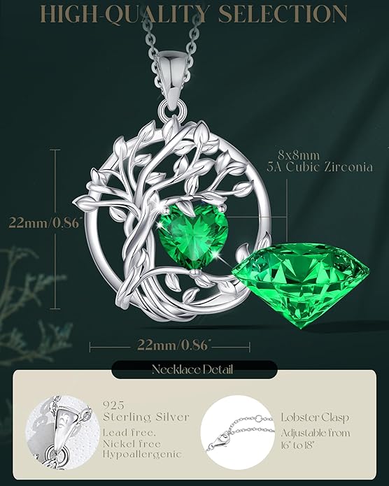 FANCIME Tree of life Birthstone necklace Sterling Silver Pendant Birthstone Necklace Gemstone Anniversary Birthday Jewelry Christmas Gifts for Mom Her Wife