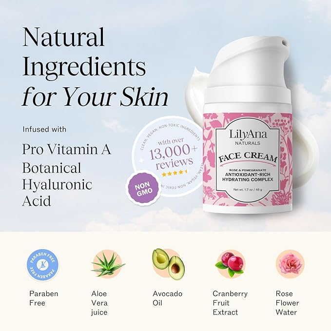 LilyAna Naturals Face and Neck Moisturizer for Women and Men - Moisturizer Face and Neck Cream for Dry Skin and Dark Spot Brightening - Rose and Pomegranate Extracts - 1.7oz