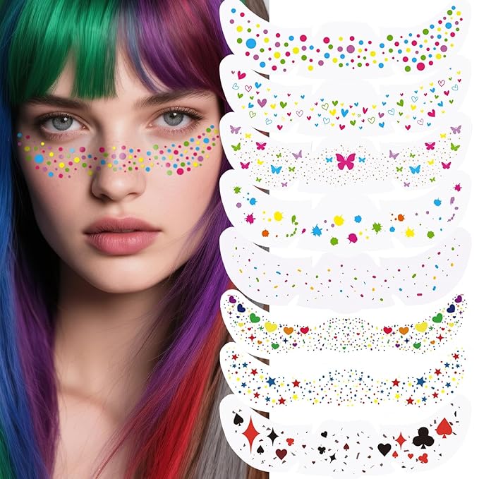 8Pcs Face Makeup Patches, Glitter Freckles Face Tattoo for Teenagers & Young Women, Sparkle Freckles Makeup Patches, Waterproof Face Glitter Freckles for Christmas (8PcsE Rainbow)