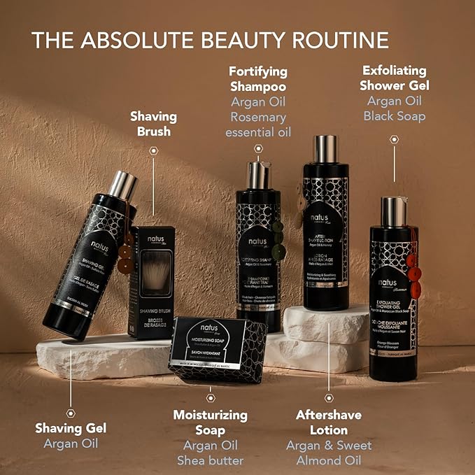 Argan Oil Beauty Gift Set for Men - Soap, Shampoo, Shower Gel, Shaving Gel, After Shave & Shaving Brush - All Skin/Hair Types - Vegan and Natural