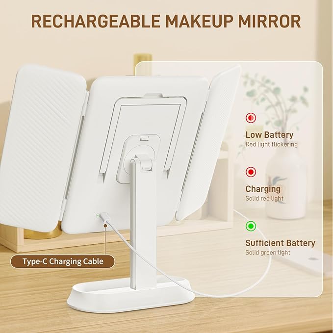 Vanity Mirror with Lights, Rechargeable Lighted Makeup Mirror with 1X/3X/5X Magnification, Smart Touch 3 Colors Dimmable, Portable Trifold Light Up Mirror for Travel, Gifts for Women Girls