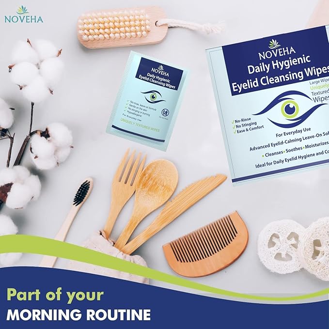 NOVEHA 60PCs Daily Hygienic Eyelid & Lash Wipes | For Blepharitis & Itchy Eyes, Demodex | Individually Wrapped Refreshening Eyelid Wipes, Natural Makeup Remover & Calming Moisturizer