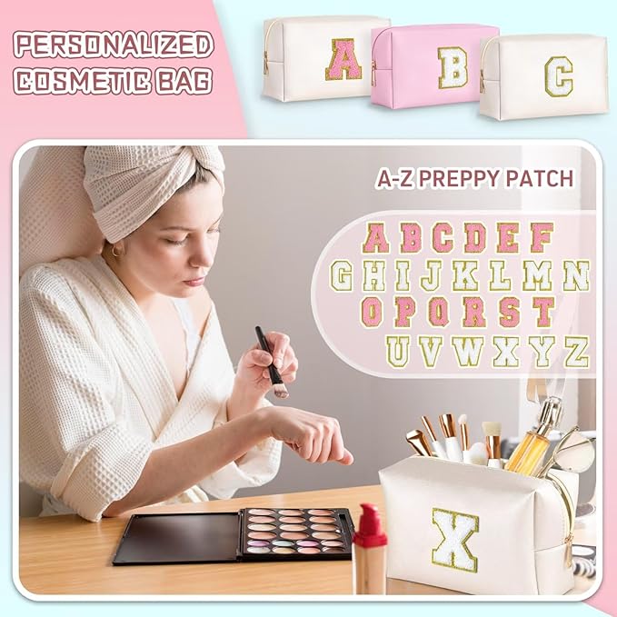TOPEAST Initial Makeup Bag for Travel, Chenille Letter Pouch Cosmetic Bag, PU Leather Waterproof Toiletry Bag, Personalized Gifts for Bride Bridemaids, Cute Things for Girls (White Q)