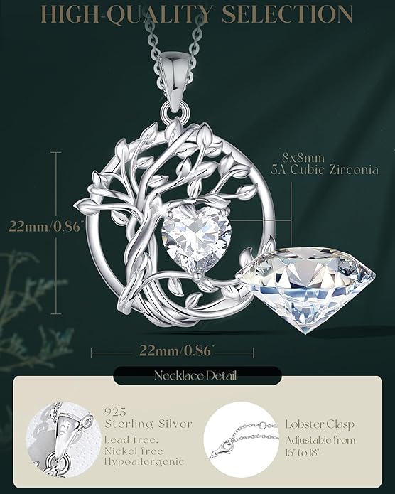 FANCIME Tree of life Birthstone necklace Sterling Silver Pendant Birthstone Necklace Gemstone Anniversary Birthday Jewelry Christmas Gifts for Mom Her Wife