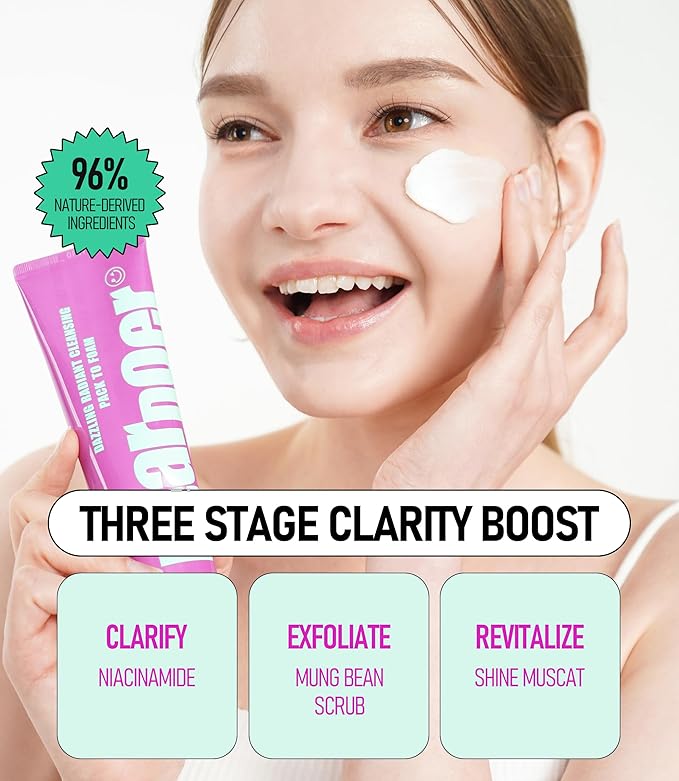 Dazzling Radiant Cleansing Pack to Foam โ 3-in-1 Wash-Off Mask & Exfoliator & Cleanser w/Fresh Grape Extract & Niacinamide โ Vitamin C and Resveratrol for Dry, Dull Skin (3.38 fl oz)