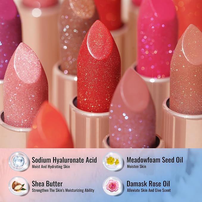 Oulac Pink Shimmer Lipstick for Women, Infinity High Shine Finish, Hydrating Lip Color Infused with Damask Rose Oil for All-Day Comfort, Gluten-Free Vegan Beauty, D02 Sparkle Sensation