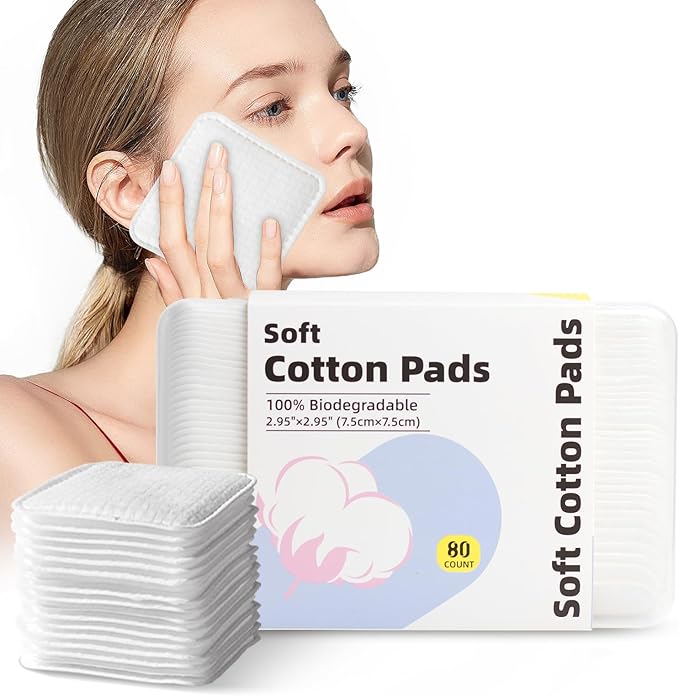 Large Square Cotton Pads, 80 Count, Lint-Free, Soft, Rounded Corners, Multi-Layer, for Makeup Removal, Toner, Facial Cleansing, Boxed