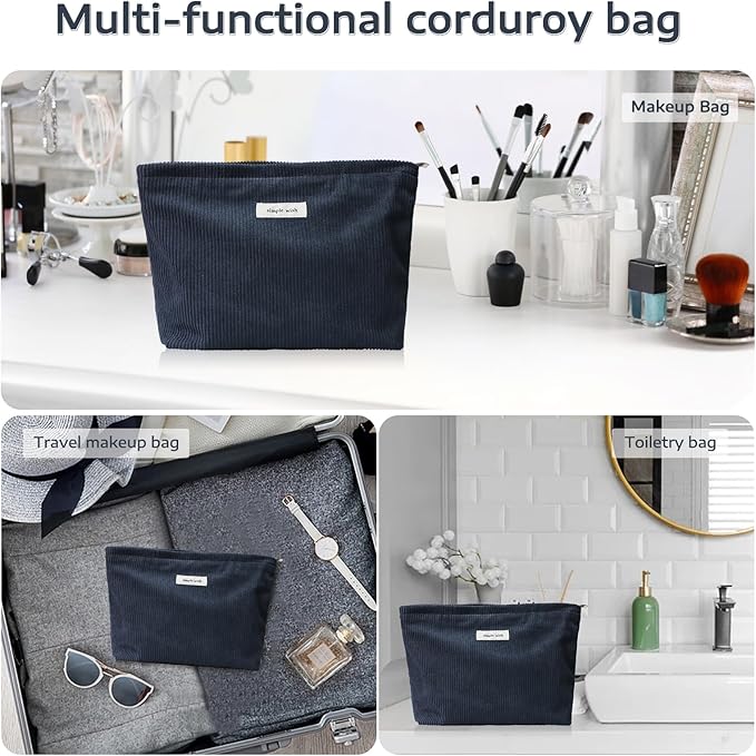 Wudygirl Cosmetic Bags for Women,Travel Makeup Bag,Aesthetic Women Handbags Purses,Large Capacity Corduroy Toiletry bag Zipper Pouch(Navy Blue)