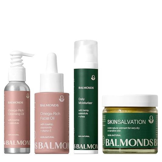 Balmonds Skincare Set โ Cleansing Oil, Facial Oil, Moisturizing Cream & Skin Balm โ 100% Natural, Fragrance-Free, Vegan & Cruelty-Free โ For Dry, Sensitive & All Skin Types โ Hydrating & Nourishing