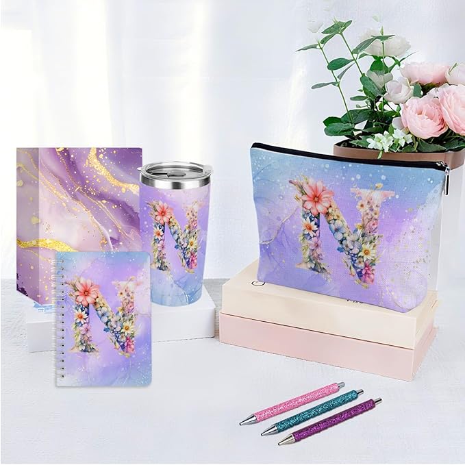 Personalized Gifts Monogrammed Birthday Gifts for Women, Colleague, Female Farewell Christmas, Initial 20 oz Tumbler, Makeup Cosmetic Bag Cup Pens Journal Notebook 6 Set, (Aesthetic Purple Flower N)